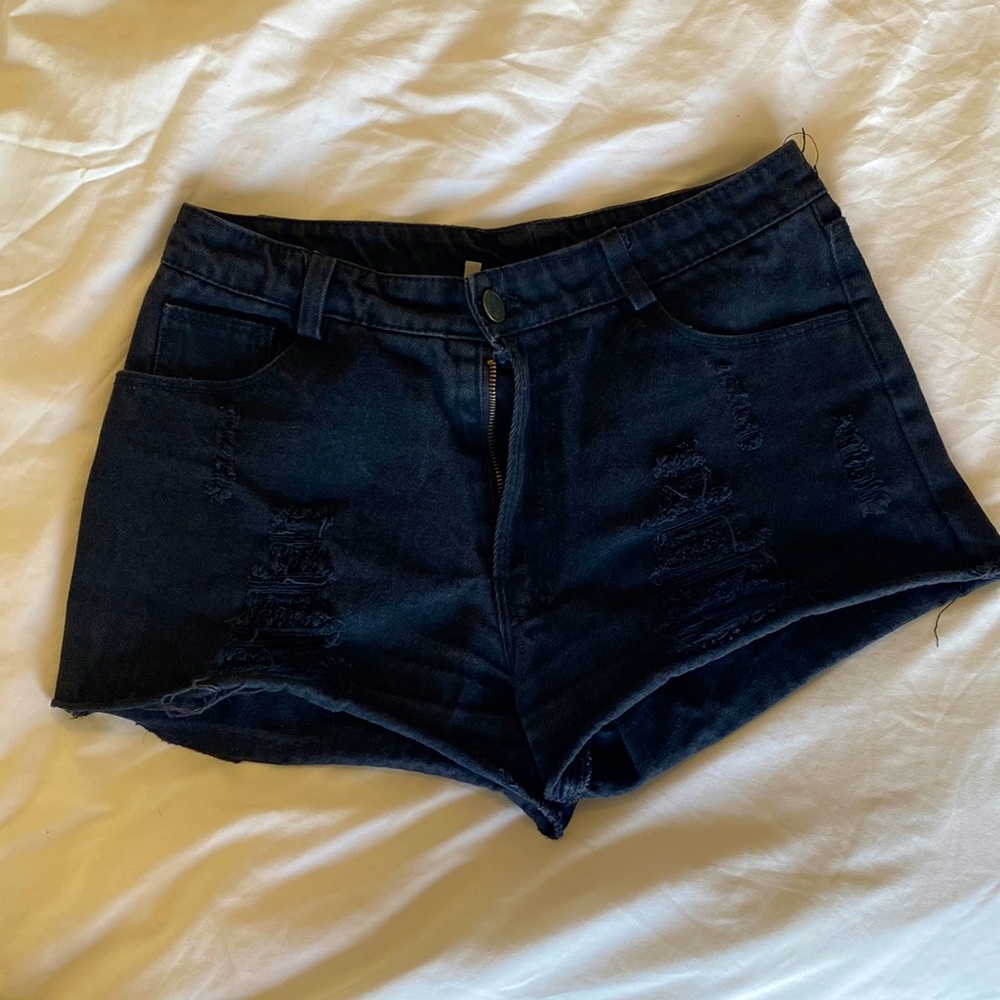 Black High-Waist Distressed Cutoff Jean Shorts